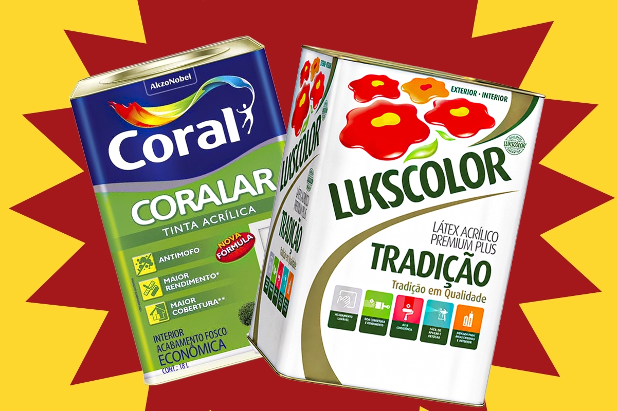 Latas de tinta látex, esmalte e verniz na prateleira da Ric-Mar